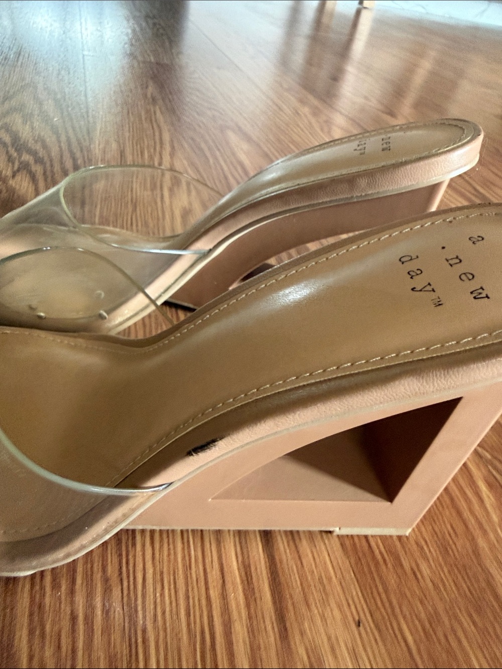 Clear Strap Nude Wedge Heels - Women's Fashion Mules - Picture 5 of 7